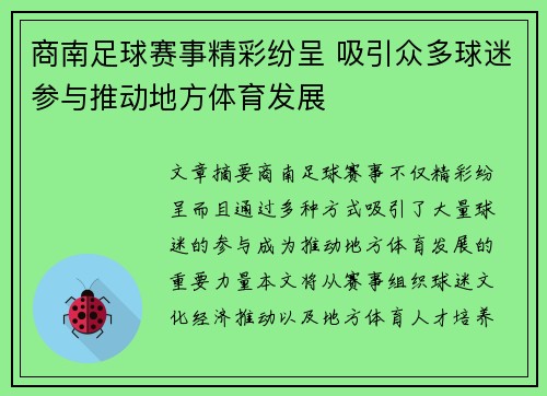 商南足球赛事精彩纷呈 吸引众多球迷参与推动地方体育发展