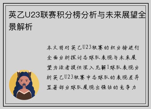 英乙U23联赛积分榜分析与未来展望全景解析