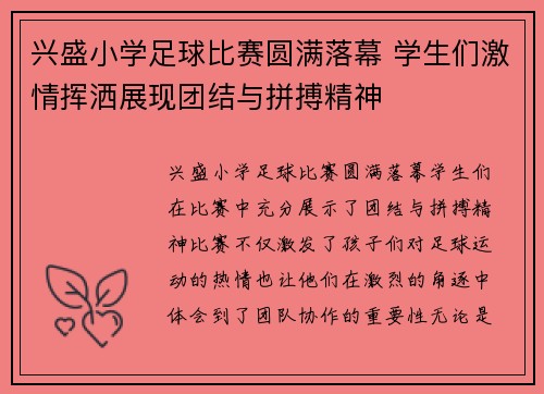 兴盛小学足球比赛圆满落幕 学生们激情挥洒展现团结与拼搏精神