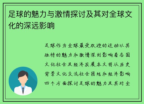 足球的魅力与激情探讨及其对全球文化的深远影响