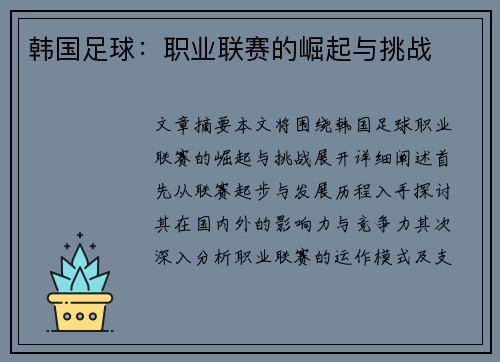 韩国足球：职业联赛的崛起与挑战
