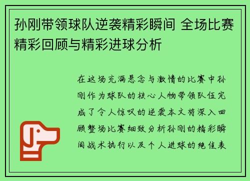 孙刚带领球队逆袭精彩瞬间 全场比赛精彩回顾与精彩进球分析