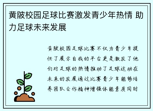 黄陂校园足球比赛激发青少年热情 助力足球未来发展