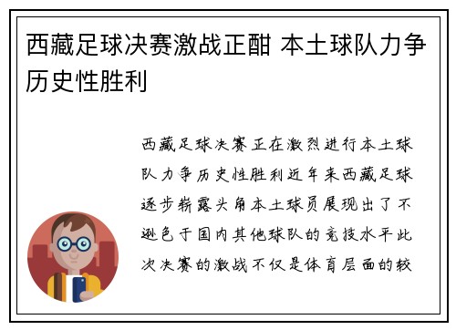 西藏足球决赛激战正酣 本土球队力争历史性胜利