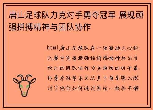 唐山足球队力克对手勇夺冠军 展现顽强拼搏精神与团队协作