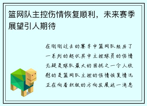 篮网队主控伤情恢复顺利，未来赛季展望引人期待