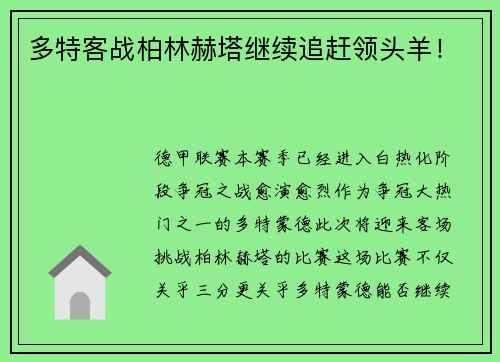 多特客战柏林赫塔继续追赶领头羊！