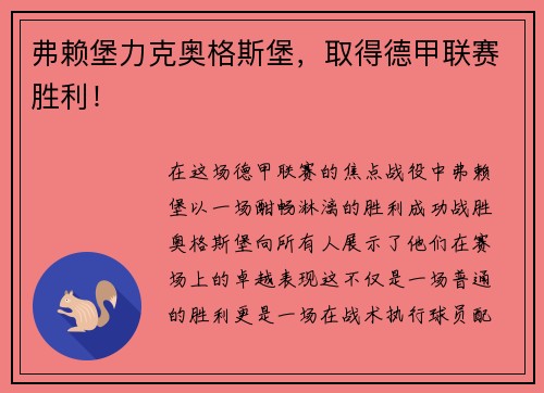 弗赖堡力克奥格斯堡，取得德甲联赛胜利！