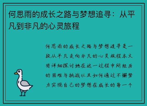 何思雨的成长之路与梦想追寻：从平凡到非凡的心灵旅程