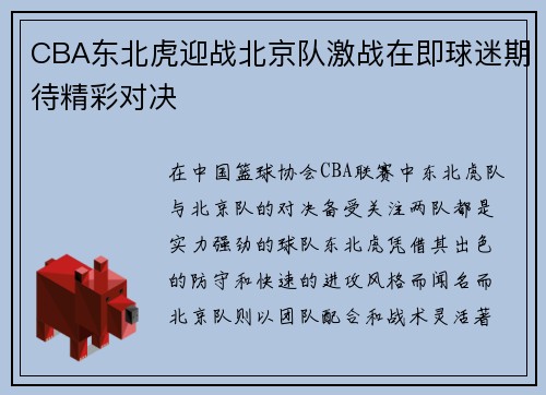CBA东北虎迎战北京队激战在即球迷期待精彩对决