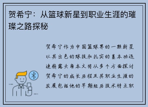 贺希宁：从篮球新星到职业生涯的璀璨之路探秘
