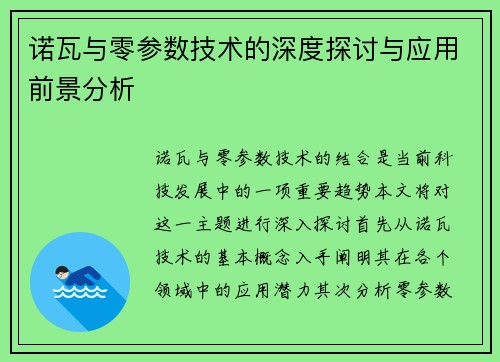 诺瓦与零参数技术的深度探讨与应用前景分析