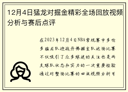 12月4日猛龙对掘金精彩全场回放视频分析与赛后点评