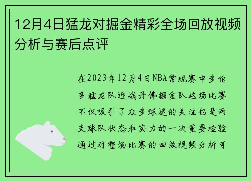 12月4日猛龙对掘金精彩全场回放视频分析与赛后点评