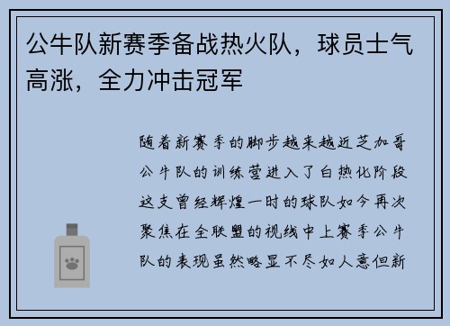 公牛队新赛季备战热火队，球员士气高涨，全力冲击冠军
