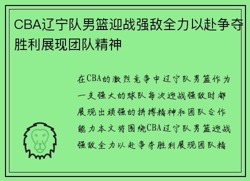 CBA辽宁队男篮迎战强敌全力以赴争夺胜利展现团队精神