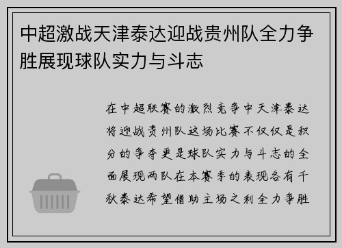 中超激战天津泰达迎战贵州队全力争胜展现球队实力与斗志