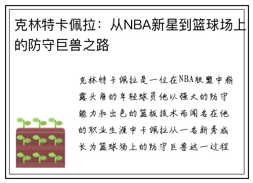 克林特卡佩拉：从NBA新星到篮球场上的防守巨兽之路