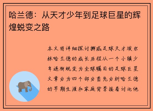 哈兰德：从天才少年到足球巨星的辉煌蜕变之路