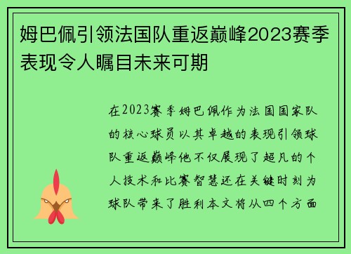 姆巴佩引领法国队重返巅峰2023赛季表现令人瞩目未来可期