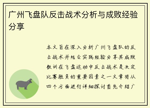 广州飞盘队反击战术分析与成败经验分享