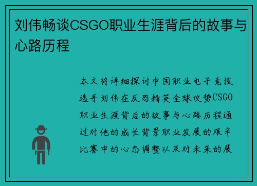 刘伟畅谈CSGO职业生涯背后的故事与心路历程