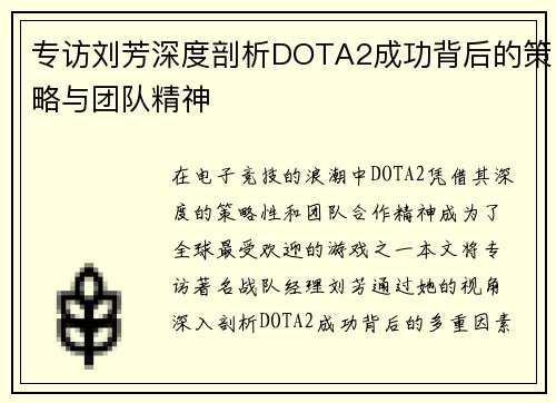 专访刘芳深度剖析DOTA2成功背后的策略与团队精神