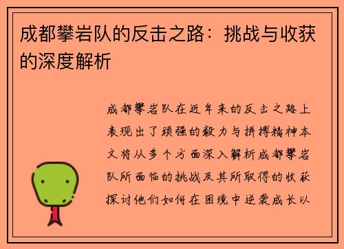 成都攀岩队的反击之路：挑战与收获的深度解析