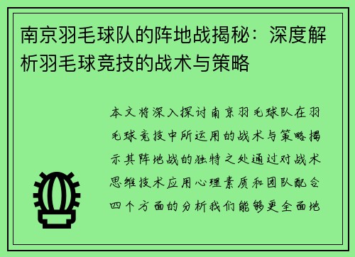 南京羽毛球队的阵地战揭秘：深度解析羽毛球竞技的战术与策略